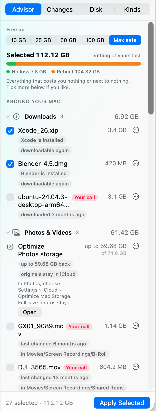 The Space Advisor panel: a Free up goal set to Max safe, 112 GB selected with nothing of yours lost, an Xcode installer and a Blender installer ticked because both apps are installed, an Ubuntu disk image marked Your call, and Photos’ Optimize Mac Storage suggested.