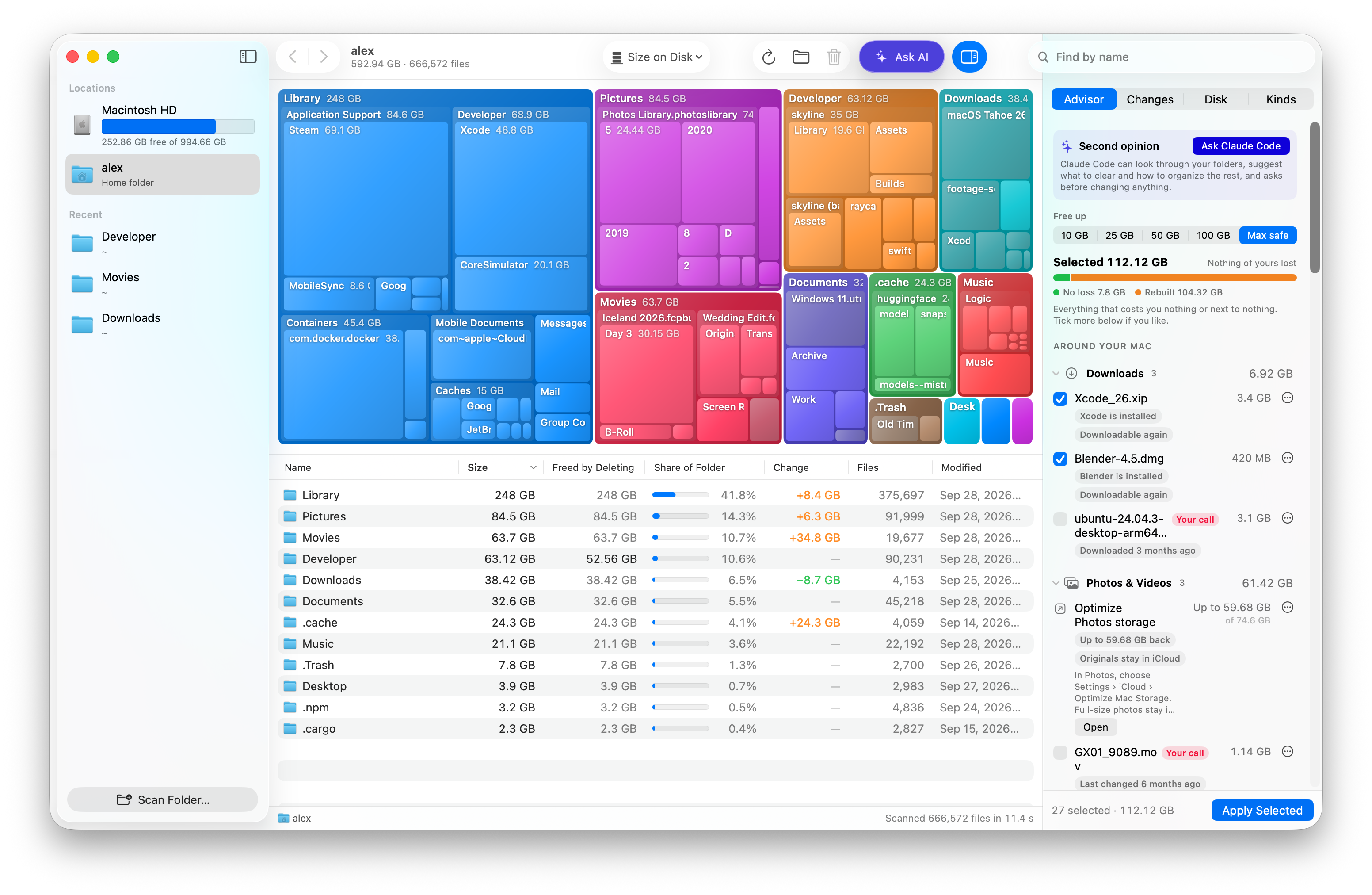 The Advisor panel beside the map of a home folder: installers for apps already installed are ticked, a disk image is marked Your call, and Photos’ Optimize Mac Storage is suggested.
