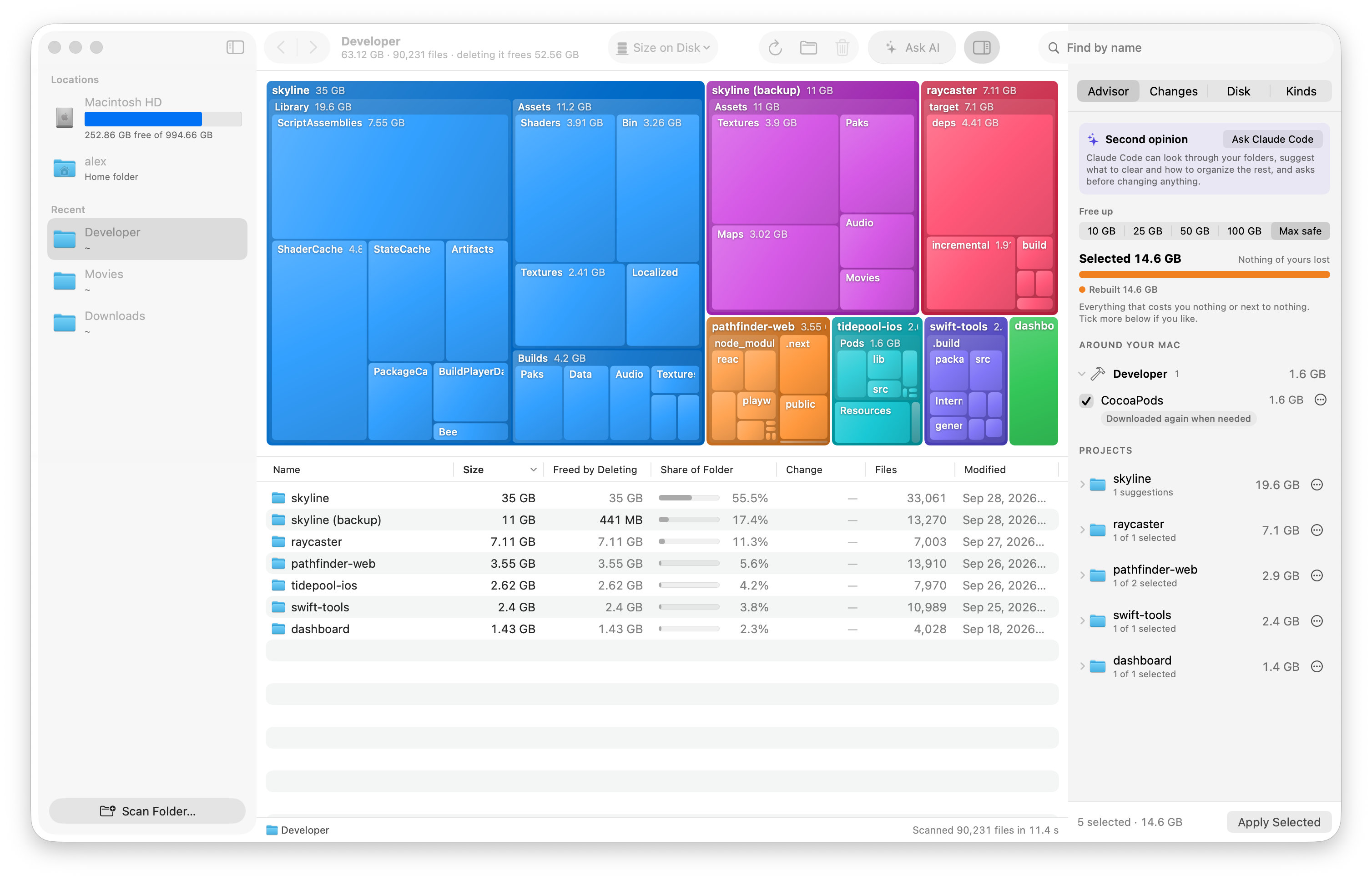 A Developer folder mapped by project, with the Advisor panel grouping build output and dependencies under each project.
