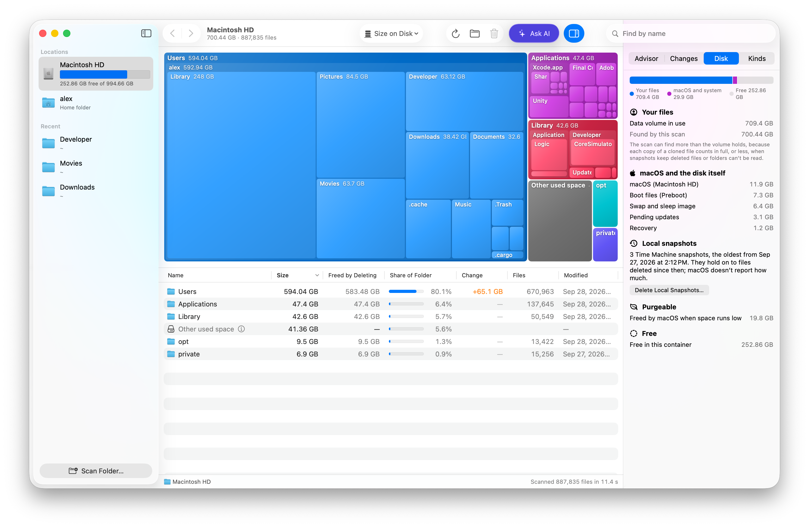 The Disk panel breaking a disk’s space down into your files, macOS and the disk itself, local snapshots, purgeable and free space.